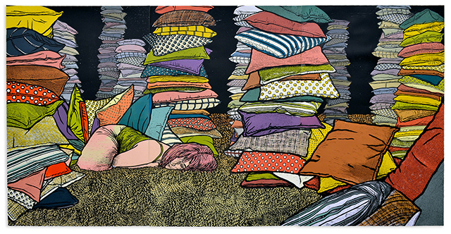 multicolored wood block print of stacks of laundry